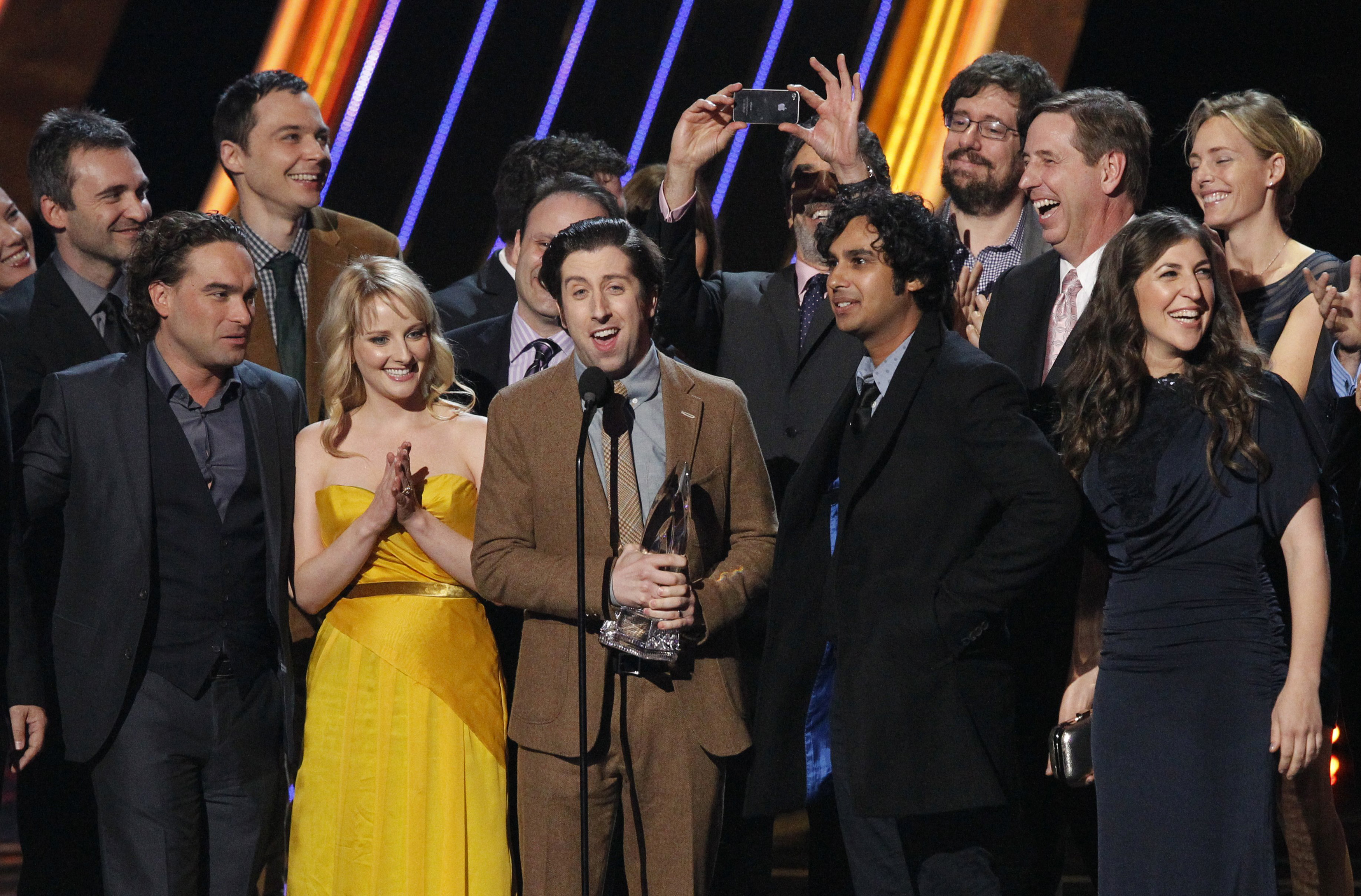 The cast of "The Big Bang Theory" accept the award for "Favorite Network TV Comedy" at the 2013 People's Choice Awards in Los Angeles