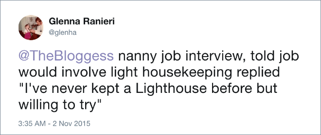 nanny job interview, told job would involve light housekeeping replied 