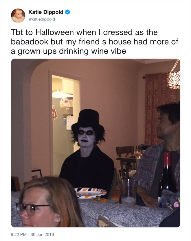 Tbt to Halloween when I dressed as the babadook but my friend's house had more of a grown ups drinking wine vibe