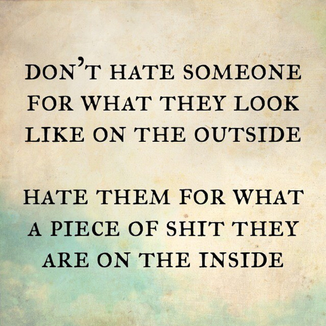 Don't hate someone for what they look like on the outside. Hate them for what a piece of crap they are on the inside.