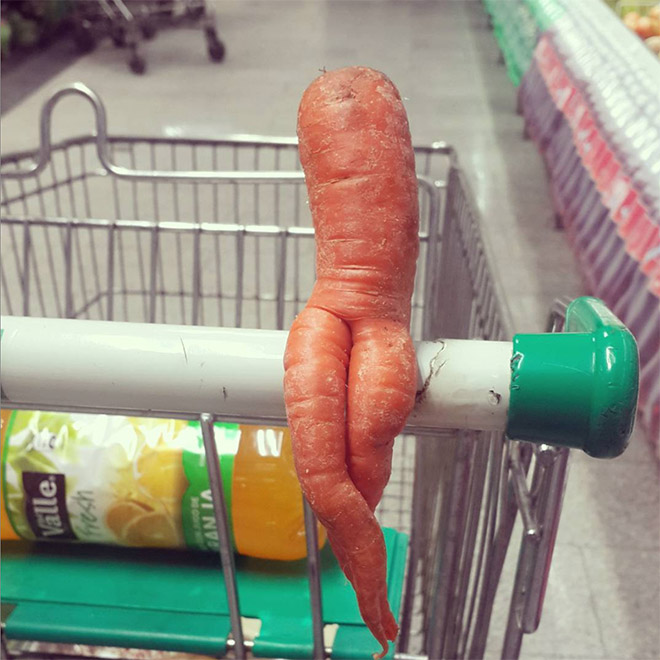 Seductive carrot sitting on a shopping cart.