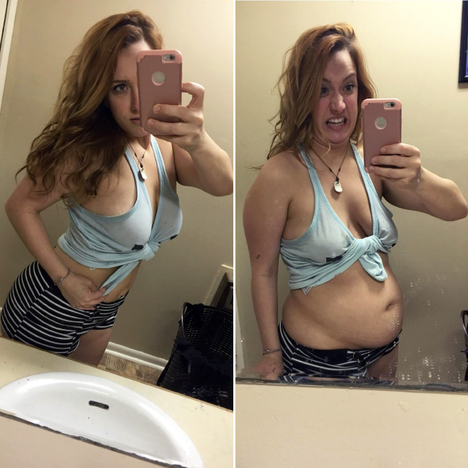Same woman, two bathroom selfies.