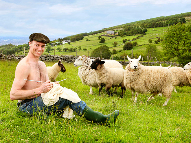 Irish farmer knitting a sweater.