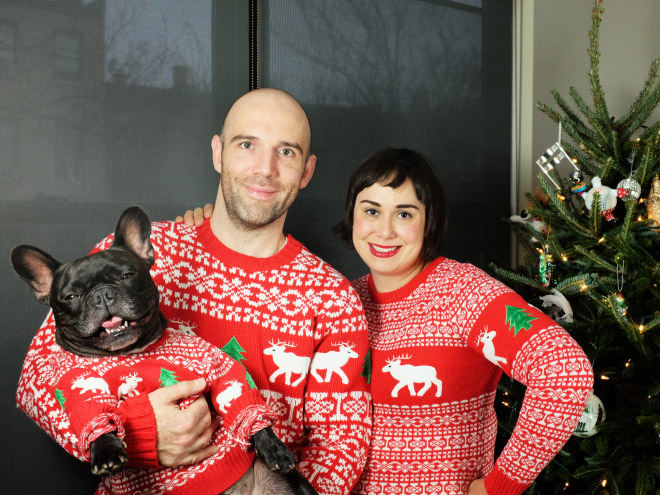 Funny family in Christmas sweaters.