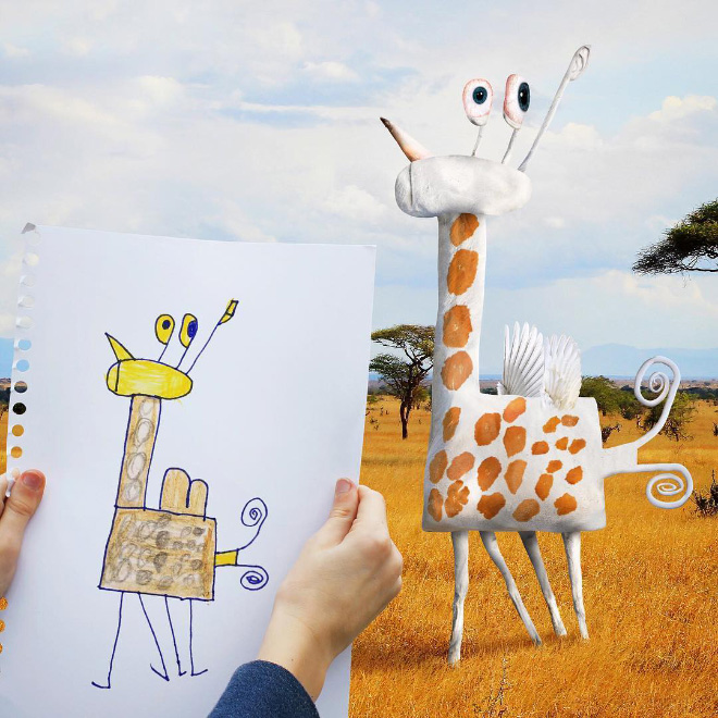Giraffe doodle recreated as a real living thing.