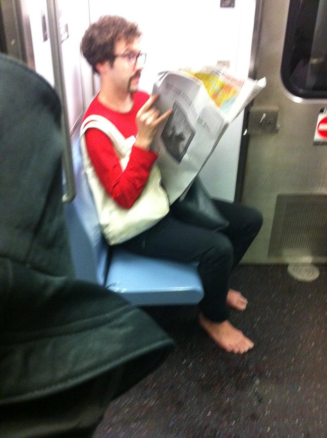 Crazy hipster in a subway.