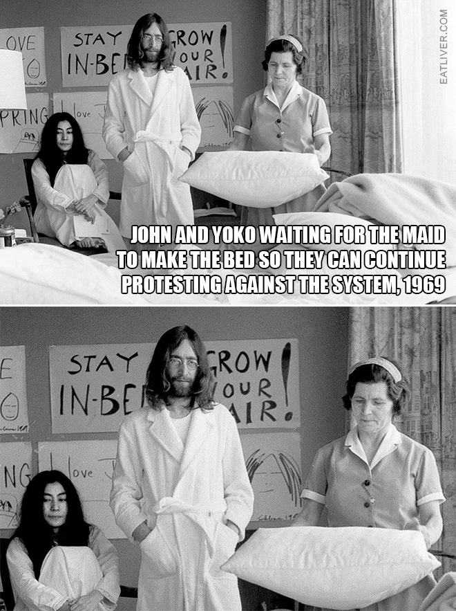 John and Yoko waiting for the maid to make the bed so they can continue protesting against the system, 1969.