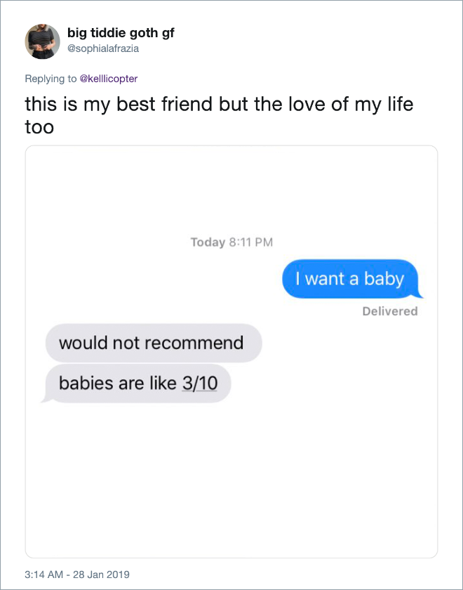 Clever answer to "I want a baby" text from girlfriend.