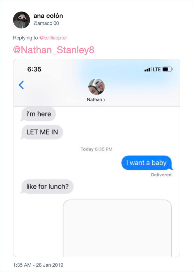 Hilarious answer to "I want a baby" text from girlfriend.