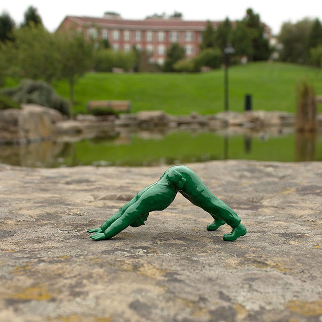 Toy soldier doing yoga.