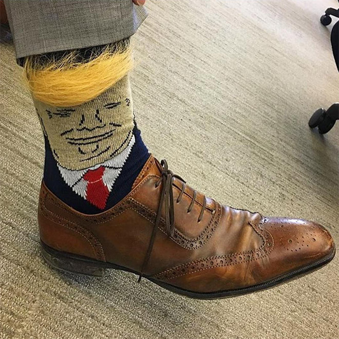 Funny Trump socks with realistic hair.