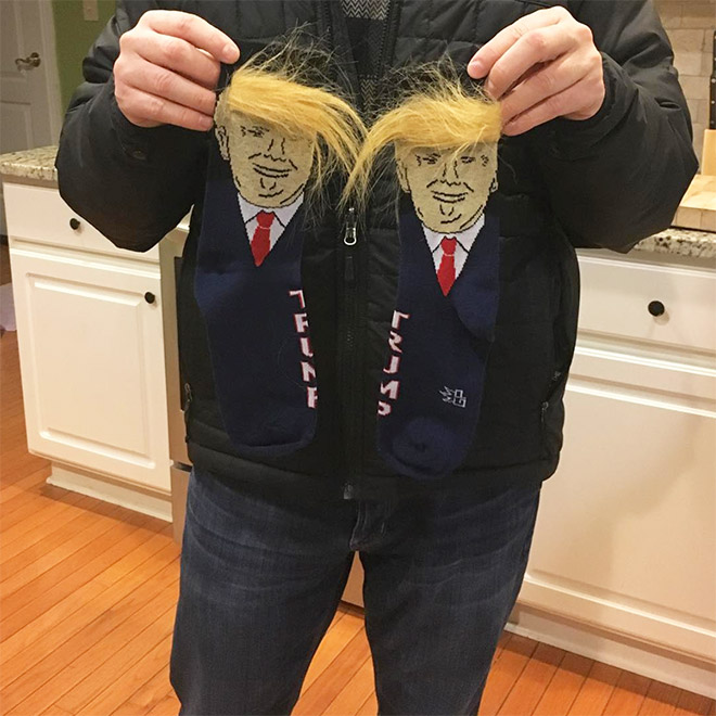 Funny Trump socks with realistic hair.