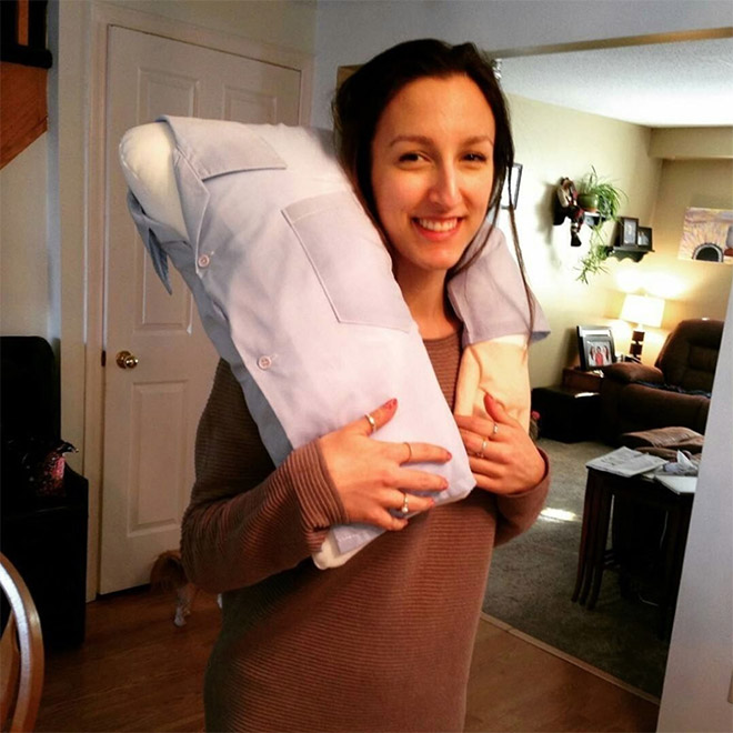 Lonely woman with a "boyfriend pillow".