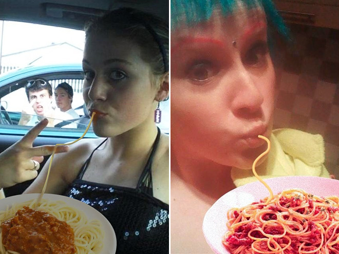 Duckface selfies fixed with spaghetti.