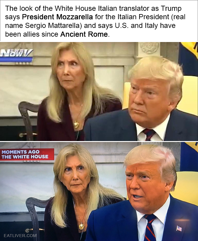 The look of the White House Italian translator as Trump says President Mozzarella for the Italian President (real name Sergio Mattarella) and says U.S. and Italy have been allies since Ancient Rome.