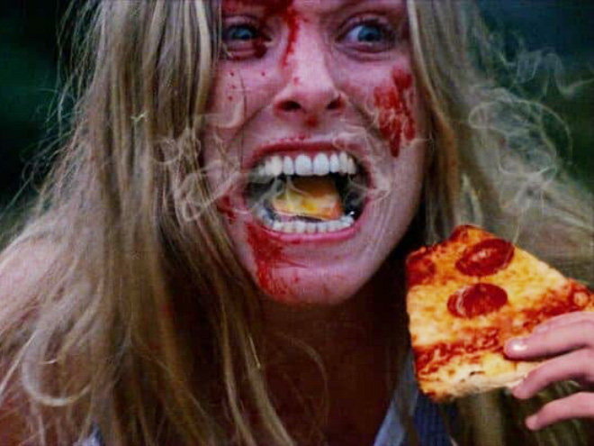 Horror movie scream with added hot pizza.