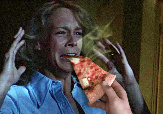 Horror movie scream with added hot pizza.