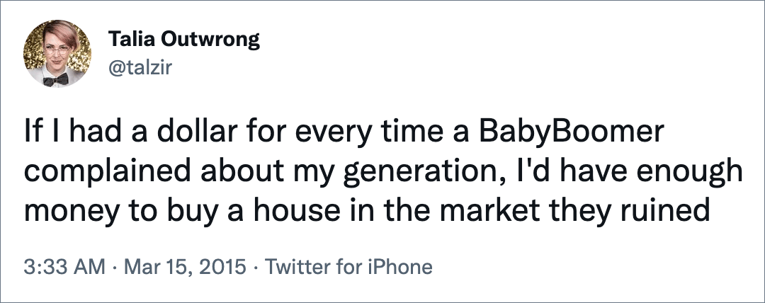 Millennials vs. baby boomers.