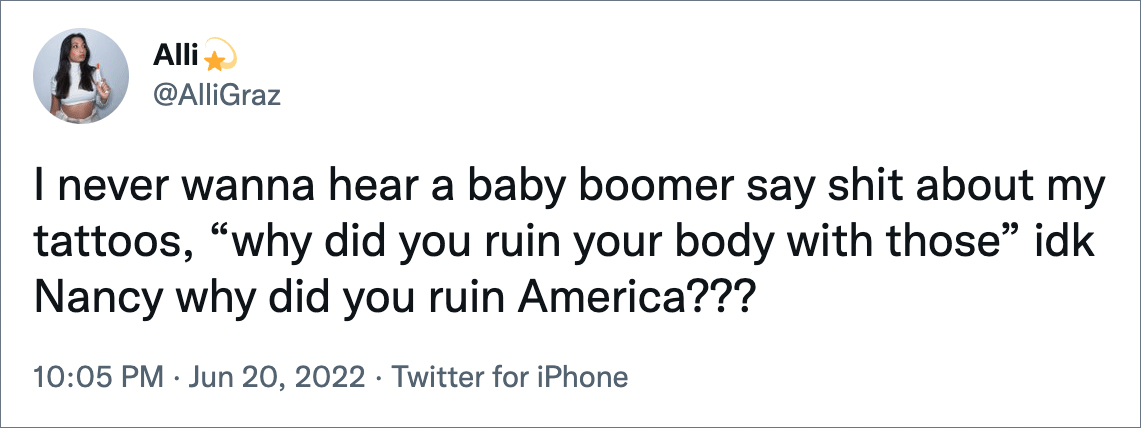 Millennials vs. baby boomers.