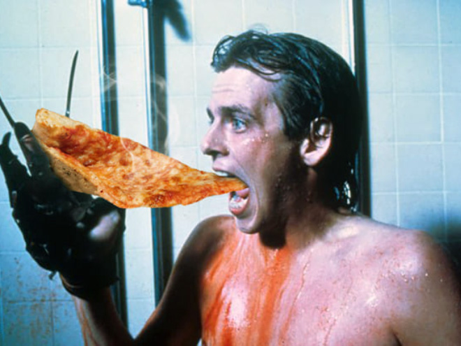 Horror movie scream with hot pizza added.