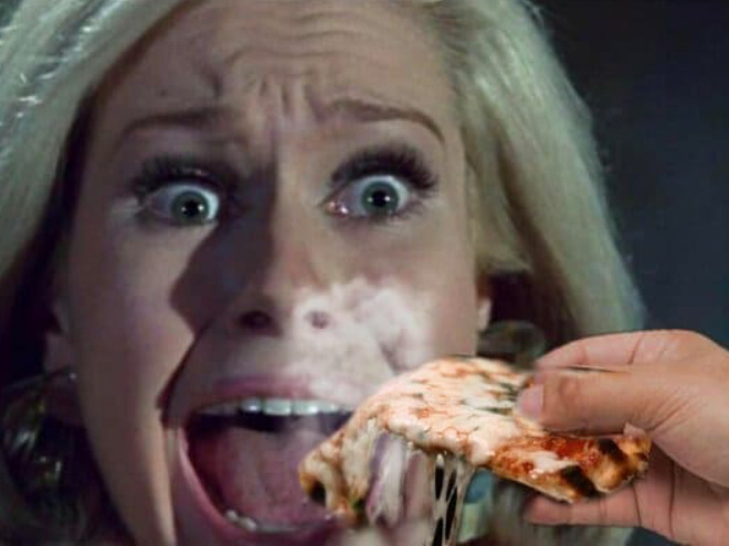 Horror movie scream with hot pizza added.